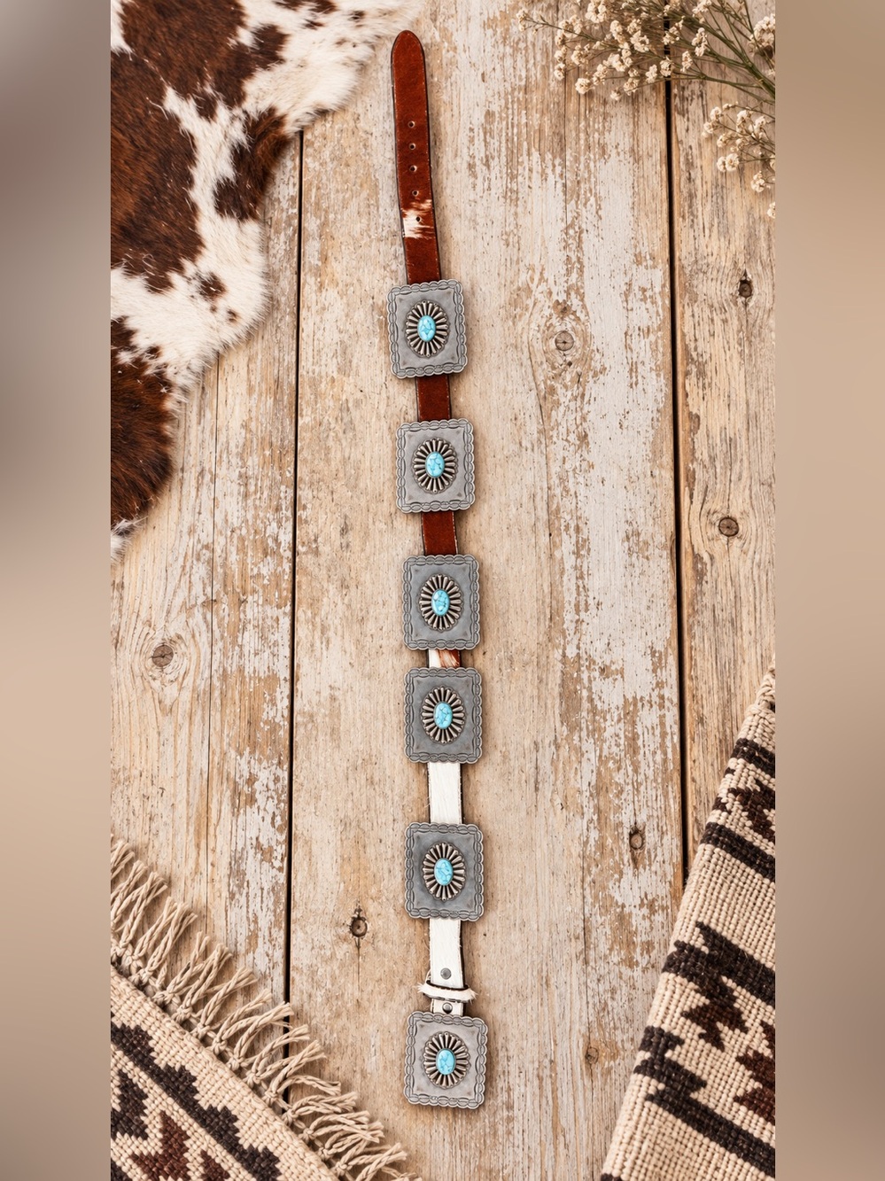 Lucky & Blessed Brown Cowhide Turquoise Concho Belt